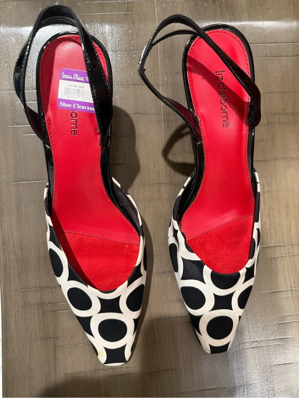 Liz Claiborne Black and White Circle Pattern Slingback Heels with Red Insole